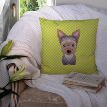 Load image into Gallery viewer, Checkerboard Lime Green Yorkie Puppy Canvas Throw Pillow - 14x14 Decorative Pillow – Art for Your Home &amp; Patio BB1294PW1414