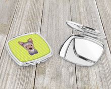 Load image into Gallery viewer, Checkerboard Lime Green Yorkie Puppy Compact Mirror – Stylish Purse Mirror with Artistic Covers BB1294SCM