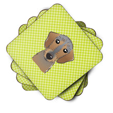 Load image into Gallery viewer, Checkerboard Lime Green Wirehaired Dachshund Coasters - Set of 4 Lightweight Foam, Absorbent Drink Coasters BB1295FC