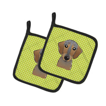 Load image into Gallery viewer, Checkerboard Lime Green Wirehaired Dachshund Pot Holders - Set of 2 - Heat-Resistant Kitchen Essentials BB1295PTHD