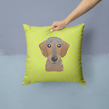 Load image into Gallery viewer, Checkerboard Lime Green Wirehaired Dachshund Canvas Throw Pillow - 14x14 Decorative Pillow – Art for Your Home &amp; Patio BB1295PW1414