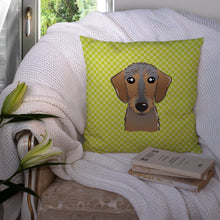 Load image into Gallery viewer, Checkerboard Lime Green Wirehaired Dachshund Canvas Throw Pillow - 14x14 Decorative Pillow – Art for Your Home &amp; Patio BB1295PW1414