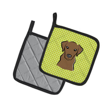 Load image into Gallery viewer, Checkerboard Lime Green Chocolate Labrador Pot Holders - Set of 2 - Heat-Resistant Kitchen Essentials BB1296PTHD