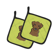 Load image into Gallery viewer, Checkerboard Lime Green Chocolate Labrador Pot Holders - Set of 2 - Heat-Resistant Kitchen Essentials BB1296PTHD