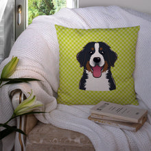 Load image into Gallery viewer, Checkerboard Lime Green Bernese Mountain Dog Canvas Throw Pillow - 14x14 Decorative Pillow – Art for Your Home &amp; Patio BB1299PW1414