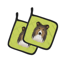 Load image into Gallery viewer, Checkerboard Lime Green Sheltie Pot Holders - Set of 2 - Heat-Resistant Kitchen Essentials BB1304PTHD