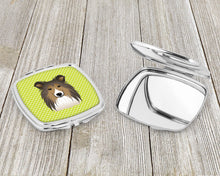 Load image into Gallery viewer, Checkerboard Lime Green Sheltie Compact Mirror – Stylish Purse Mirror with Artistic Covers BB1304SCM
