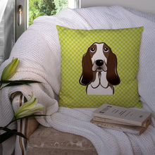 Load image into Gallery viewer, Checkerboard Lime Green Basset Hound Canvas Throw Pillow - 14x14 Decorative Pillow – Art for Your Home &amp; Patio BB1305PW1414