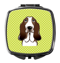 Load image into Gallery viewer, Checkerboard Lime Green Basset Hound Compact Mirror – Stylish Purse Mirror with Artistic Covers BB1305SCM