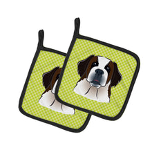 Load image into Gallery viewer, Checkerboard Lime Green Saint Bernard Pot Holders - Set of 2 - Heat-Resistant Kitchen Essentials BB1308PTHD