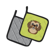 Load image into Gallery viewer, Checkerboard Lime Green Chocolate Brown Shih Tzu Pot Holders - Set of 2 - Heat-Resistant Kitchen Essentials BB1311PTHD