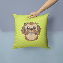 Load image into Gallery viewer, Checkerboard Lime Green Chocolate Brown Shih Tzu Canvas Throw Pillow - 14x14 Decorative Pillow – Art for Your Home &amp; Patio BB1311PW1414