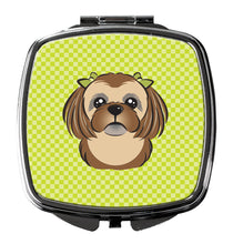 Load image into Gallery viewer, Checkerboard Lime Green Chocolate Brown Shih Tzu Compact Mirror – Stylish Purse Mirror with Artistic Covers BB1311SCM