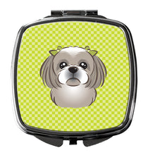 Load image into Gallery viewer, Checkerboard Lime Green Gray Silver Shih Tzu Compact Mirror – Stylish Purse Mirror with Artistic Covers BB1312SCM