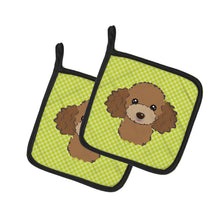 Load image into Gallery viewer, Checkerboard Lime Green Chocolate Brown Poodle Pot Holders - Set of 2 - Heat-Resistant Kitchen Essentials BB1318PTHD