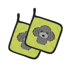 Load image into Gallery viewer, Checkerboard Lime Green Silver Gray Poodle Pot Holders - Set of 2 - Heat-Resistant Kitchen Essentials BB1321PTHD