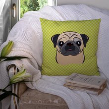Load image into Gallery viewer, Checkerboard Lime Green Fawn Pug Canvas Throw Pillow - 14x14 Decorative Pillow – Art for Your Home &amp; Patio BB1324PW1414