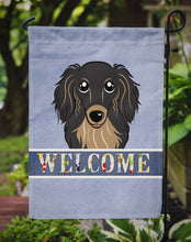 Load image into Gallery viewer, Longhair Black and Tan Dachshund Welcome Garden Flag – Decorative Outdoor Yard Flag BB1399GF