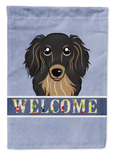 Load image into Gallery viewer, Longhair Black and Tan Dachshund Welcome Garden Flag – Decorative Outdoor Yard Flag BB1399GF