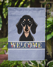 Load image into Gallery viewer, Smooth Black and Tan Dachshund Welcome Garden Flag – Decorative Outdoor Yard Flag BB1401GF