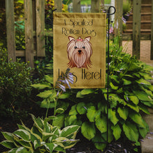 Load image into Gallery viewer, Yorkie Yorkshire Terrier Spoiled Dog Lives Here Garden Flag – Funny Gold Background Dog Decor BB1452GF