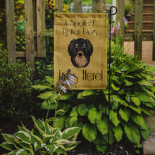 Load image into Gallery viewer, Longhair Black and Tan Dachshund Spoiled Dog Lives Here Garden Flag – Funny Gold Background Dog Decor BB1461GF