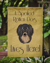 Load image into Gallery viewer, Longhair Black and Tan Dachshund Spoiled Dog Lives Here Garden Flag – Funny Gold Background Dog Decor BB1461GF