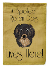 Load image into Gallery viewer, Longhair Black and Tan Dachshund Spoiled Dog Lives Here Garden Flag – Funny Gold Background Dog Decor BB1461GF