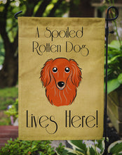 Load image into Gallery viewer, Longhair Red Dachshund Spoiled Dog Lives Here Garden Flag – Funny Gold Background Dog Decor BB1462GF