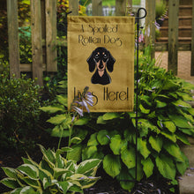 Load image into Gallery viewer, Smooth Black and Tan Dachshund Spoiled Dog Lives Here Garden Flag – Funny Gold Background Dog Decor BB1463GF