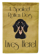Load image into Gallery viewer, Smooth Black and Tan Dachshund Spoiled Dog Lives Here Garden Flag – Funny Gold Background Dog Decor BB1463GF