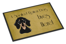 Load image into Gallery viewer, Smooth Black and Tan Dachshund Spoiled Dog Lives Here Doormat - 24x36 Decorative Floor Mat – Indoor/Outdoor Rug with Artistic Flair BB1463JMAT