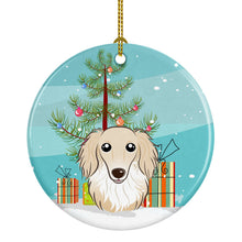 Load image into Gallery viewer, Christmas Tree and Longhair Creme Dachshund Ornament - Round Ceramic Ornament – Artist-Designed Keepsake Decoration BB1584CO1