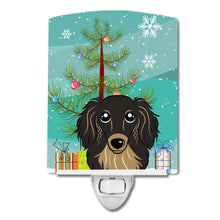 Load image into Gallery viewer, Christmas Tree and Longhair Black and Tan Dachshund Ceramic Night Light BB1585CNL