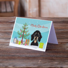 Load image into Gallery viewer, Christmas Tree and Smooth Black and Tan Dachshund Greeting Cards -  Blank Note Cards – 8-Pack of Artist-Designed Cards with Envelopes