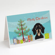 Load image into Gallery viewer, Christmas Tree and Smooth Black and Tan Dachshund Greeting Cards -  Blank Note Cards – 8-Pack of Artist-Designed Cards with Envelopes