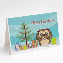Load image into Gallery viewer, Christmas Tree and Chocolate Brown Shih Tzu Greeting Cards -  Blank Note Cards – 8-Pack of Artist-Designed Cards with Envelopes