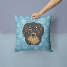 Load image into Gallery viewer, Snowflake Longhair Black and Tan Dachshund Throw Pillow - 14x14 Decorative Pillow – Art for Your Home &amp; Patio BB1647PW1414
