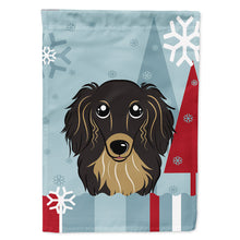 Load image into Gallery viewer, Winter Holiday Longhair Black and Tan Dachshund Flag Canvas House Size BB1709CHF
