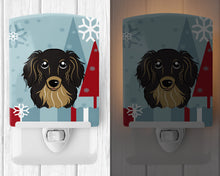 Load image into Gallery viewer, Winter Holiday Longhair Black and Tan Dachshund Ceramic Night Light BB1709CNL