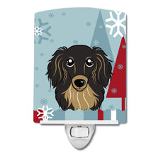 Load image into Gallery viewer, Winter Holiday Longhair Black and Tan Dachshund Ceramic Night Light BB1709CNL