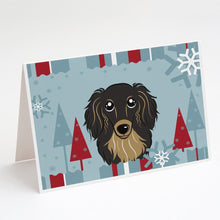 Load image into Gallery viewer, Winter Holiday Longhair Black and Tan Dachshund Greeting Cards -  Blank Note Cards – 8-Pack of Artist-Designed Cards with Envelopes