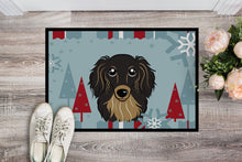 Load image into Gallery viewer, Winter Holiday Longhair Black and Tan Dachshund Doormat - 24x36 Decorative Floor Mat – Indoor/Outdoor Rug with Artistic Flair BB1709JMAT