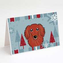 Load image into Gallery viewer, Winter Holiday Longhair Red Dachshund Greeting Cards -  Blank Note Cards – 8-Pack of Artist-Designed Cards with Envelopes