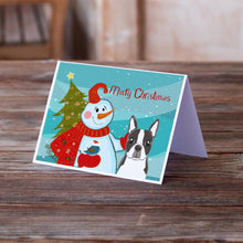 Load image into Gallery viewer, Snowman with Boston Terrier Greeting Cards -  Blank Note Cards – 8-Pack of Artist-Designed Cards with Envelopes