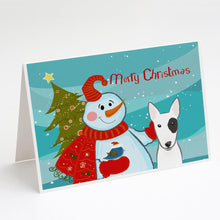 Load image into Gallery viewer, Snowman with Bull Terrier Greeting Cards -  Blank Note Cards – 8-Pack of Artist-Designed Cards with Envelopes