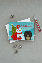 Load image into Gallery viewer, Snowman with Longhair Black and Tan Dachshund Greeting Cards -  Blank Note Cards – 8-Pack of Artist-Designed Cards with Envelopes