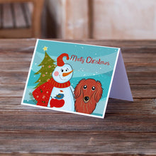 Load image into Gallery viewer, Snowman with Longhair Red Dachshund Greeting Cards -  Blank Note Cards – 8-Pack of Artist-Designed Cards with Envelopes