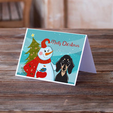 Load image into Gallery viewer, Snowman with Smooth Black and Tan Dachshund Greeting Cards -  Blank Note Cards – 8-Pack of Artist-Designed Cards with Envelopes
