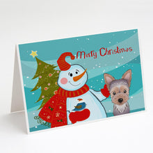 Load image into Gallery viewer, Snowman with Yorkie Puppy Greeting Cards -  Blank Note Cards – 8-Pack of Artist-Designed Cards with Envelopes